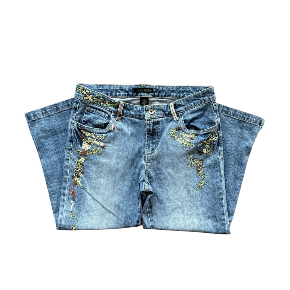 Blue Flare Wide Leg Jeans with Floral Embroidery
